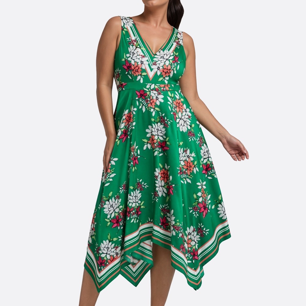 Vince Camuto Floral Handkerchief Hem M L 10 Green Midi Dress Garden Party